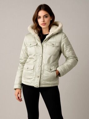 Gap Down Parka Silver Mint Satin Fur Hood Utility Puffer Jacket Coat L
